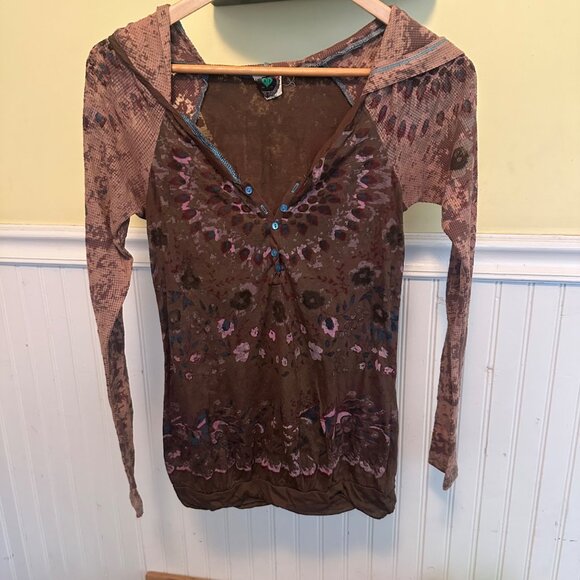 Free People Vintage Long-Sleeve Hooded Tunic Top With Button Accent - Picture 1 of 6